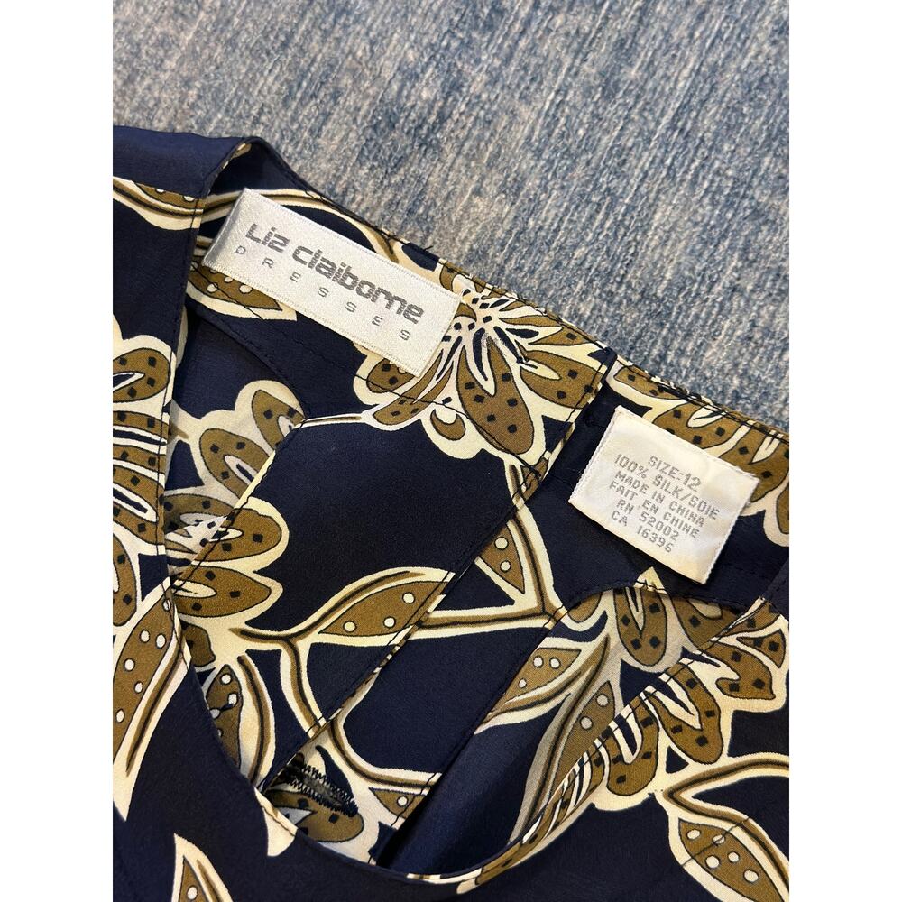 Vintage 90s Liz Claiborne 100% Silk Dress Size 12 Blue Floral Print Belt Modest - Picture 7 of 10